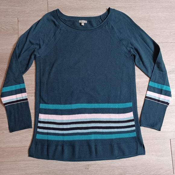 T by Talbots Deep Teal Waffle Knit Stripe Detail Jewel Neck Tunic Sweater - Picture 12 of 12